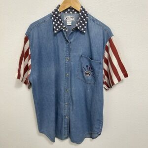 Vintage 90s Quizz Again Shirt Flag 4th July Button USA Teddy Embroidered Size L